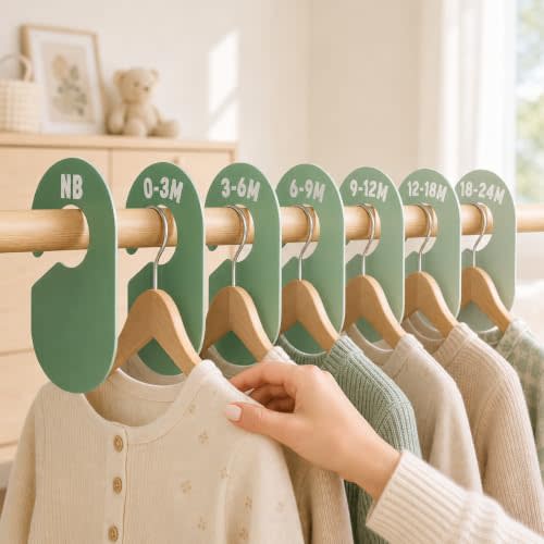 Baby Clothes Size Dividers Set for Nursery Closet Organizer, 7 Pcs | Sage Green Style for Boys Girls, Double-Sided, from Newborn to 24 Months, Infant Nursery Decor, Gift for Mom