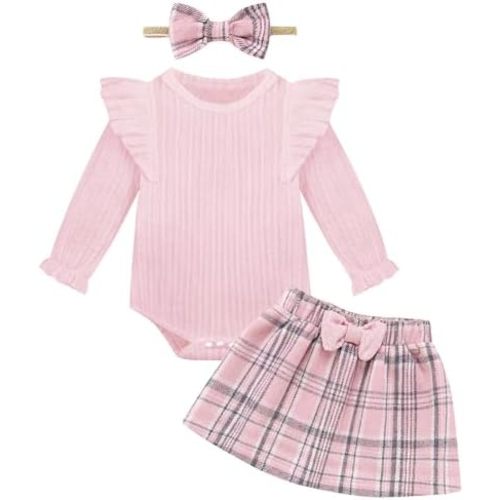 Weixinbuy Baby Girls Fall Outfits 3-Piece Set Long Sleeve Romper & Plaid Skirt Headband Soft Snap Closure 0-18M