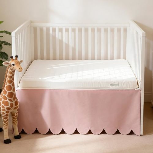 100% Cotton Scallop Edge Crib Bed Skirt, 28"x 52" with 14" Drop, 4-Sided Soft Breathable Cotton Bedding Skirt for Baby Boys Girls, Elegant Vintage Chic Boho Nursery Decor Toddler Bedskirt