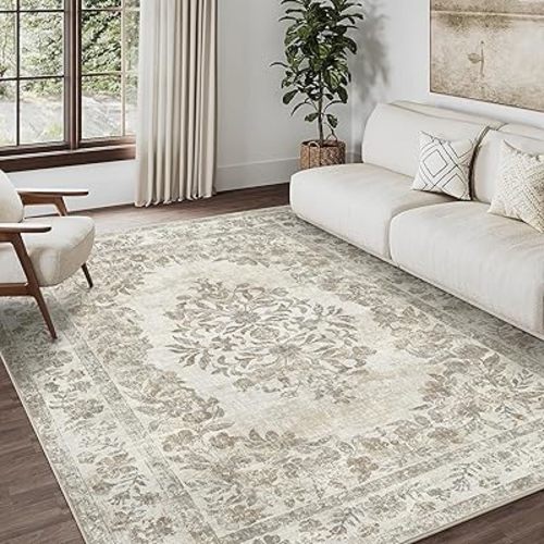 PureCozy 6x9 Area Rug Beige Washable Vintage Distressed Living Room Carpet Large Bedroom Indoor Medallion Floral Non Slip Retro Throw Floor Mat for Office Dining Room Kitchen Bathroom