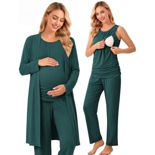 Women 3PCS Maternity Robe Sets Nursing Pajamas Postpartum Breastfeeding Pjs