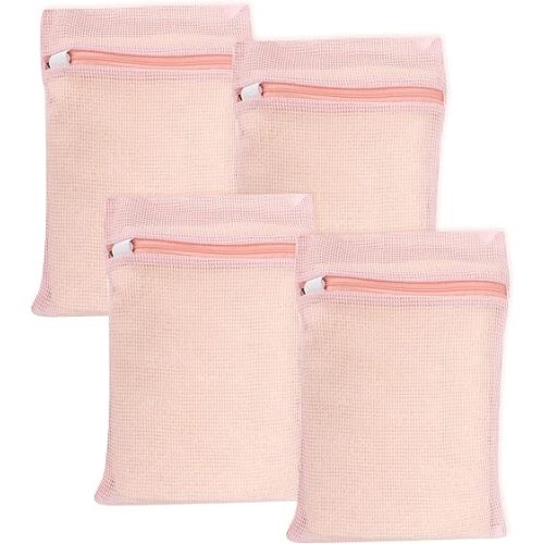 4 Piece Pink Small, Durable Organic Cotton Mesh Laundry Bag with Strong Zipper and Breathable Mesh, Delicate Laundry Bag for Underwear, Clothes, Pants and Socks