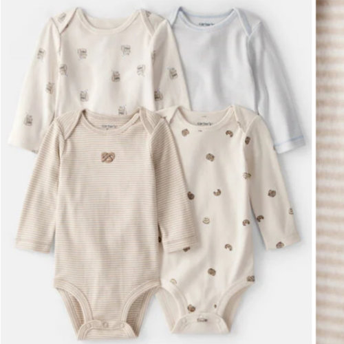 Baby 4-Pack Snack Time Long-Sleeve Multipack Bodysuits - Blue/White/Brown | Carter's