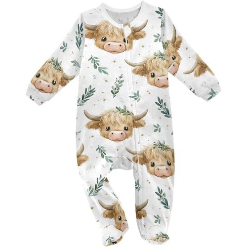 Adorable Highland Cow Baby One-Piece Footie Romper Jumpsuit Pajamas Cotton Pjs for Boys Girls Sleep Play