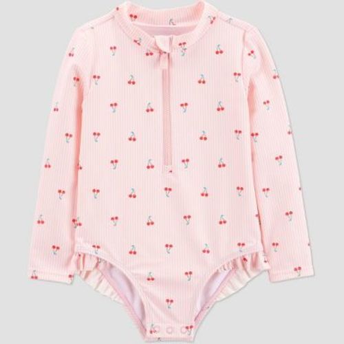 Carter's Just One You® Toddler Girls' Long Sleeve Cherry Striped One Piece Rash Guard Swimsuit - Pink 18M