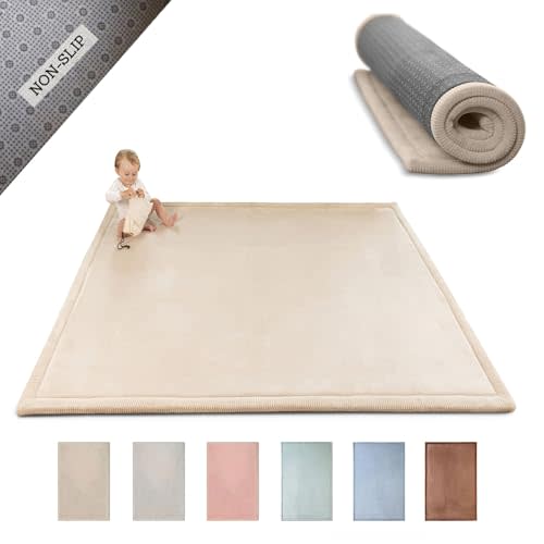 Stylish Coral Velvet Baby Play Mat 60" x 80" Beige – Soft 1" Thick High-Density Memory Foam Nursery Rug – Playmat for Floor with Non-Slip Backing for Crawling & Playing – Non-Toxic, odorless Area Rug