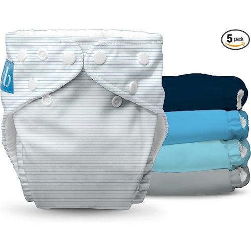 Charlie Banana Reusable Washable Cloth Diapers, Adjustable One Size for Baby Girls Boys, Soft Pocket Diapers with Absorbent Inserts - Pastel Blue, 5 Pack