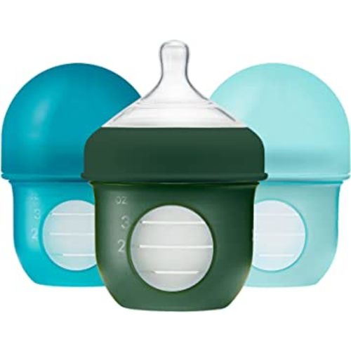 Boon NURSH Reusable Silicone Baby Bottles with Collapsible Silicone Pouch Design — Everyday Baby Essentials — 3 Count — Stage 1 Slow Flow — 4 Oz — Blue