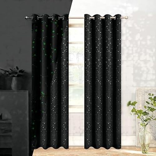 Black Blackout Curtains for Bedroom,Glow in The Dark Blackout Curtains Room Darkening Curtains 63 inches Long,Black Out Curtains for Living Room,52 Wide,2 Panels,Star