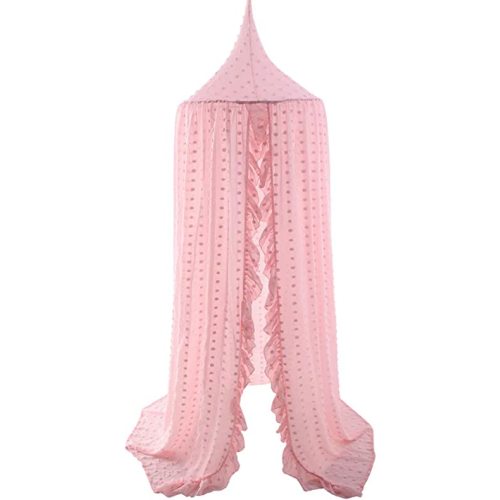 Kids Bed Canopy for Girls, Pink Crib Canopy Princess Hanging Children Canopy Tent, Toddler Girl Canopy Bed Netting for Baby Room Bedroom Reading Nook, Macrame Lace Boho Nursery Canopy with Pom Pom