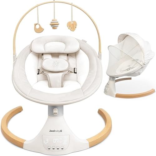 Jool Baby Nova Nature Baby Swing for Newborns with Natural Wood Toys, Electric Motorized Infant Swing, Bluetooth Music, Remote (Oatmeal)