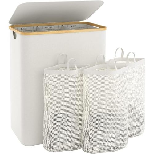 Extra Large 3 Section Dirty Clothes Laundry Basket with Lid, Dirty Clothes Hampers with Removable Bags for Bedroom and Laundry Room, Beige