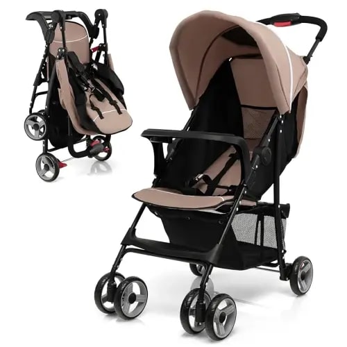 HONEY JOY Travel Stroller, Quick Fold Lightweight Baby Umbrella Stroller for Airplane, Adjustable Canopy & Backrest, Storage Basket, Removable Meal Tray, Compact Stroller Newborn and Toddler(Coffee)
