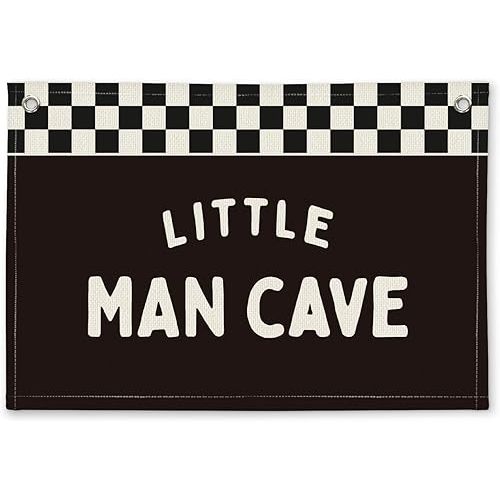 Little Man Cave Black and White Checkered Boys Room Decor - Linen Banner Wall Hanging Canvas Banner Flag Decor for Nursery Toddler Boys Bedroom Playroom