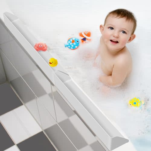 Resseor Splash Guard for Bathtub, 3.8" x 3.6" Silicone Bath Tub Splash Guard with 6 Suction Cups, Bathtub SplashGuard Play Shelf Area for Kids with 3°Drainage Slope for Faster Drying - 2 Packs White