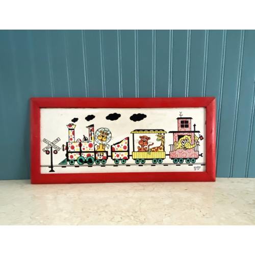 Vintage 1975 Framed Circus Print/Circus Animal Print/Circus Train Print/Signed Print/Red Frame/Nursery Picture/Child's Room Picture