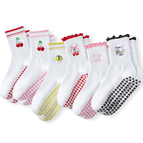 Grip Socks Pilates,4/6Prs Cotton Cute Pilates Socks for Women Yoga | Ruffle Grippy Sock for Barre Hospital Ballet Dance Athletic Workout 5-10in,Non Slip Crew Socks for Barefoot Home Slipper