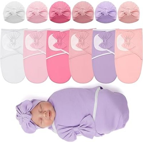 Ramede 6 Pack Preemie Swaddle Blanket with Hats Sleep Swaddle for Baby Boy Girl Preemie Newborn Sacks Soft Cotton Wearable (Rosette,Light Color)