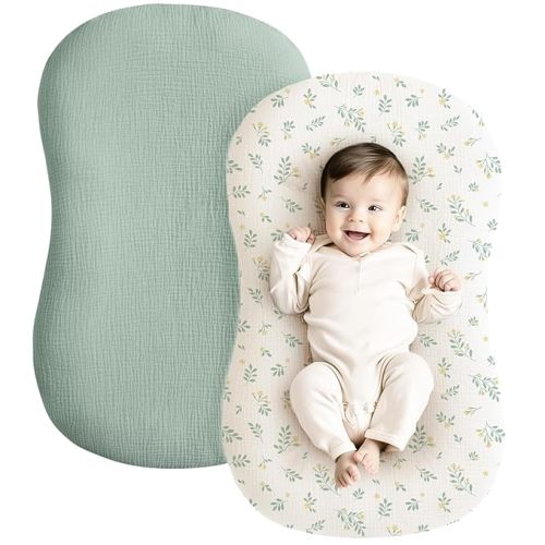 Konssy Muslin Baby Lounger Cover 2 Pack, 100% Cotton Newborn Lounger Cover, Soft and Breathable Lounger Cover for Boys Girls, Covers Only (Leaf,Green)