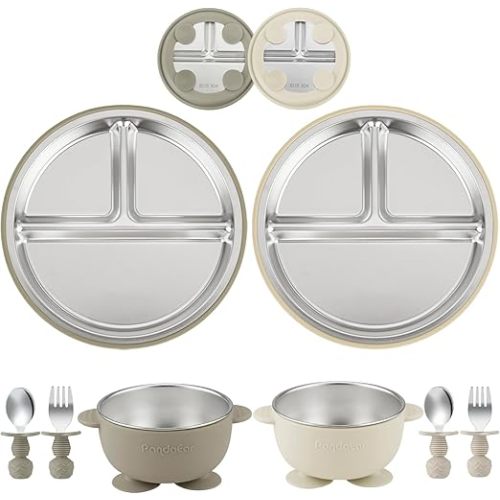 PandaEar 8PCS Baby Feeding Set | Stainless Steel Suction Plates and Bowls with Silicone Fork and Spoon Utensils | Baby Led Weaning Tableware for Toddlers & Kids (Tan & Walnut)