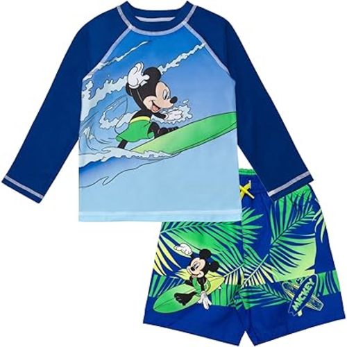 Disney Raglan Rash Guard and Swim Trunks Outfit Set UPF 50+ Infant to Big Kid Sizes (12 Months - 14-16)