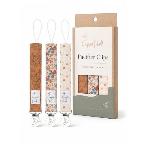 Copper Pearl 3-Pack Pacifier Holders: Premium Knit Binky Clips for Baby Girls and Boys - Stylish Stainless Steel Design for Secure No-Drop Attachment - Eden