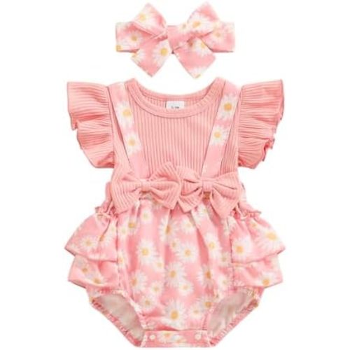 Newborn Baby Girl Outfit Fly Sleeve Floral Romper Dress Headband Infant Cute Summer Clothes Set