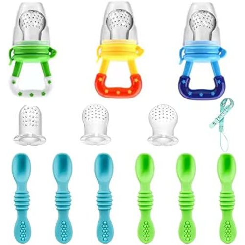 Food Feeder Baby Fresh Fruit Feeder (3 Pack) with Silicone Pacifiers(3 Pack), Pacifier Clip(1 Pack)-Silicone Baby Spoons for Baby Led Weaning-First Stage Toddler Utensils-Self Feeding Set (6 Pack)
