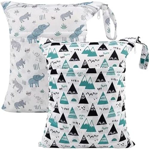 ALVABABY 2pcs Cloth Diaper Wet Dry Bags Waterproof Reusable with Two Zippered Pockets Travel Beach Pool Daycare Soiled Baby Items Yoga Gym Bag for Swimsuits or Wet Clothes LZD2526A