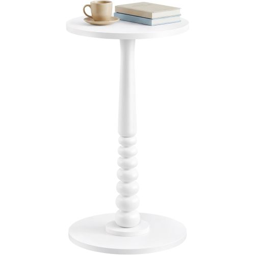 Round Side Table, Small Drink End Table for Small Spaces, Accent Nightstand, Solid Wood Leg, Mid-Century Modern, for Living Room Bedroom, Cloud White