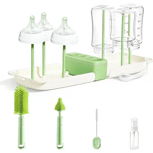 Travel Baby Bottle Cleaner Kit,7-in-1 Baby Bottle Brush Set for Travel and Home, All-in-One Baby Bottle Washing Kit: Integrated Cleaning & Drying System for Bottles and Breast Pump Parts (Green)