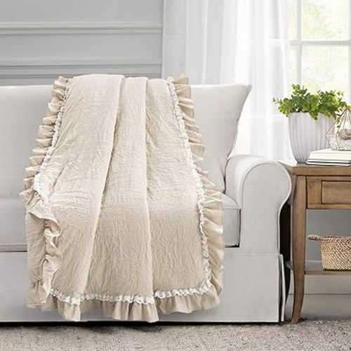 Lush Decor Ella Ruffle Lace Throw Blanket, 50" W x 60" L, Neutral - Coquette Throw Blankets for Bed - Couch Blanket - Ruffled Throw Blanket for Couch