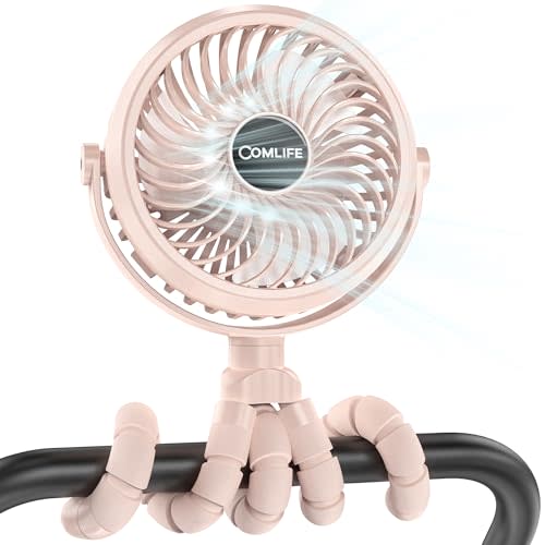 COMLIFE Baby Stroller Fan With Light, Rechargeable Battery Operated, Max 10Hrs Cooling, 3 Speeds, 360 Rotate USB Desk Fan, Flexible Tripod Clip On Fan for Stroller Car Seat Crib Treadmill Golf Cart