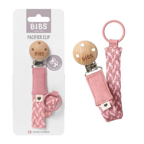 BIBS Pacifier Clip, Made with Organic Cotton in Europe, Compatible with All BIBS Binkies, One Size (0-36 Months), Dusty Pink