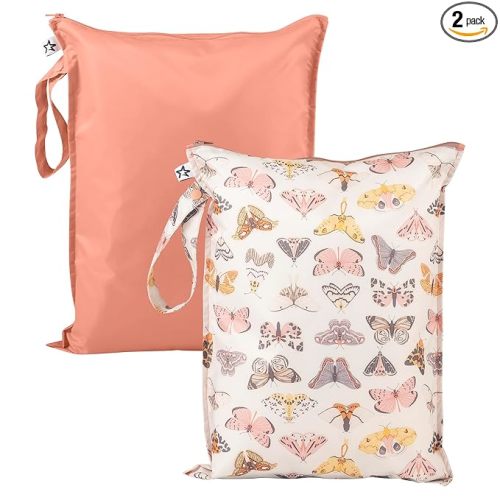 Tiny Twinkle Mess Proof Wet Bags | 2-Pack Reusable Waterproof Wet Bags for Swimsuits | Baby Clothes | Travel & Diaper Bag (Flutter)