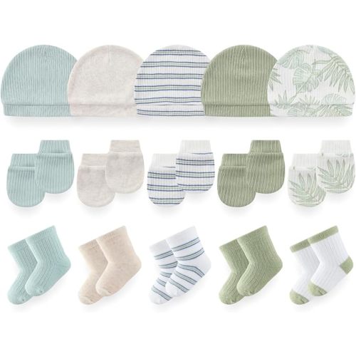 Chamie 15 Pack Unisex Newborn Baby Hats Mittens Socks Set Cotton Soft Essential Infant Accessory Kit for 0-6 Months