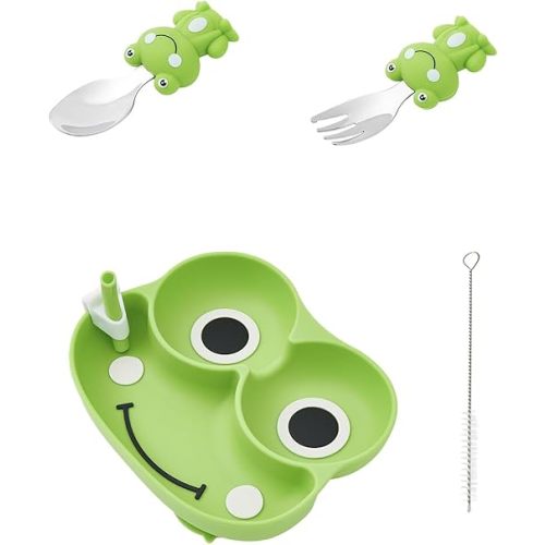 Silicone Baby Feeding Set 5 Pcs,Weaning Supplies,Frog Baby Plates,Food-Grade Silicone Material High Temperature Resistance(Green)