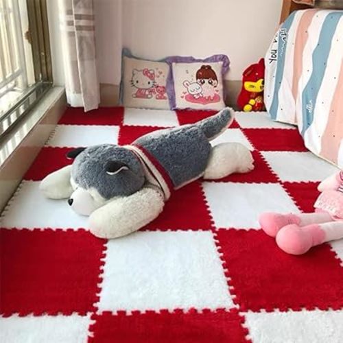 12Pack Plush Puzzle Play Mat 12"x12"x0.4" EVA Foam Interlocking Tiles for Floor Protection,Fluffy Soft Area Rugs Carpet Decorative Floor Mat for Bedroom (Red White)
