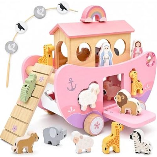 Pink Wooden Noah's Ark Toy for 1 Year Old Baby Girl Baptism Gifts