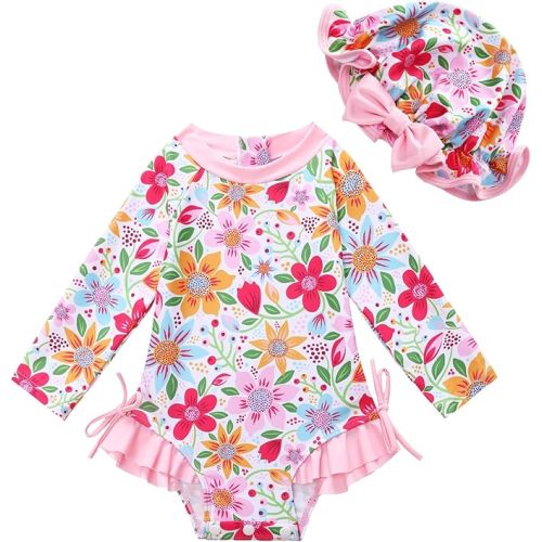 AMAWMW Infant Baby Girl Swimsuit Long Sleeve One-Piece Swimwear with Hat Rash Guard Floral Zipper Bathing Suit Beach Wear