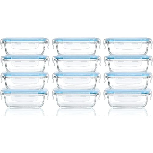 M MCIRCO [12-Pack, 6.3oz] Small Glass Food Storage Containers, Small Glass Containers with Lids, Small Glass Jars for Snacks, Dips, Sauces, BPA Free, Freezer, Microwave & Dishwasher Friendly, Blue