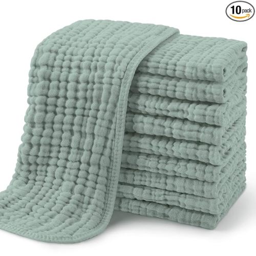 Yoofoss Muslin Burp Cloths for Baby 10 Pack 100% Organic Cotton Baby Washcloths for Boys Girls Large 20''X10'' Super Soft and Absorbent Dark Green