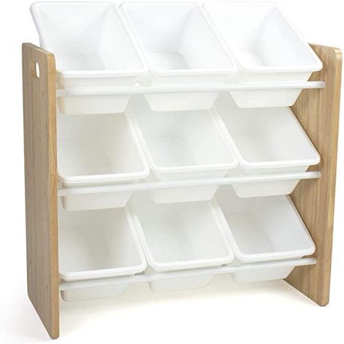 Humble Crew 9-Bin Toy Organizer – Journey Natural Wood with White Plastic Bins, 3-Tier Storage Solution for Kids' Playrooms and Nurseries