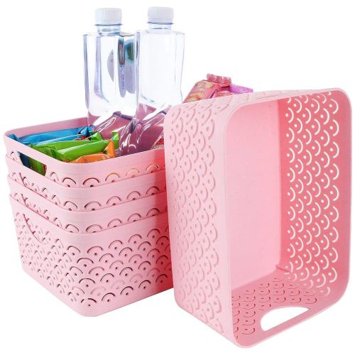 5 Pack Plastic Storage Baskets, Portable Pink Fish Scale Pattern Hollow Desktop Storage Bin Box with Handle for Kitchen, Bathroom, Kids Room or Nursery Storage – 9.4 x 7.1 x 4.1 inches
