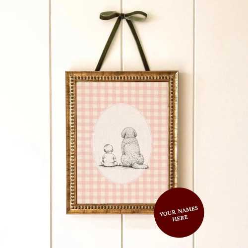 Baby and Dog Nursery Art, Pink Gingham Golden Doodle Poster