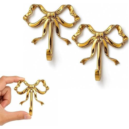 LOGOFUN 2 Pcs Gold Bow Wall Hooks, Decorative Brass Bowknot Hooks
