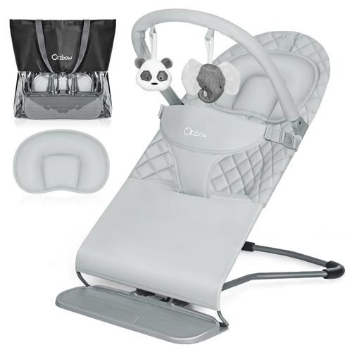 Orzbow Portable Baby Bouncer, Foldable Baby Bouncer Seat with Storage Bag and Removable Play Bar, 3 Recline Positions, 0-12 Months Up to 20lbs, Ergonomic Design with Comfortable Headrest, Gray