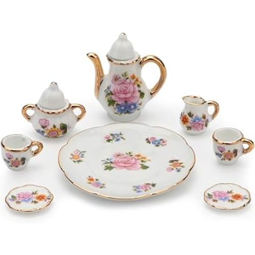 Cutemini 1:6 Scale Miniature Porcelain Dollhouse Tea Cup Sets 8PCS Flower Pattern Teapot Platter Dish Sets Dollhouse Kitchen Supplies Decoration (Light Pink)
