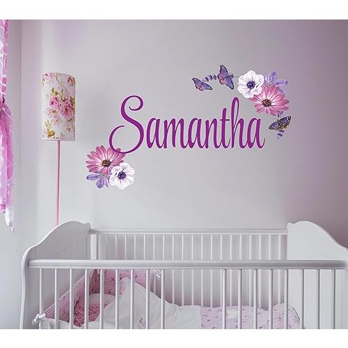 Butterfly Custom Name Wall Decal - Personalized Name Butterfly Decor - Custom Wall Sticker for Girls Rooms - Removable Flower Mural for Nursery Wall decor- Beautiful Floral Design (Wide 10"x7" Height)