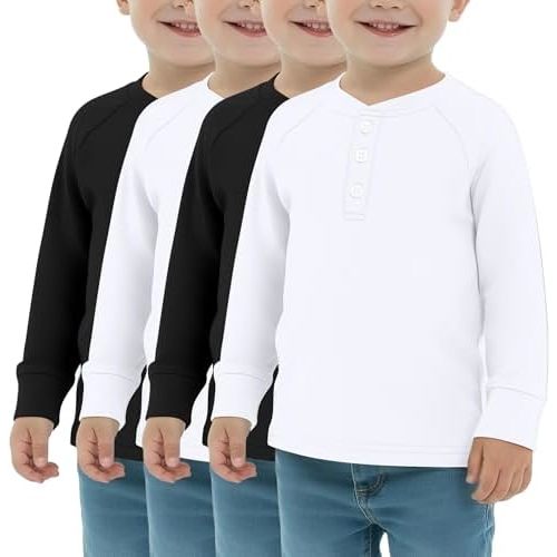 4 Pack Boys' Long Sleeve T-Shirts Girls' Henley Tees Casual Toddler Shirts Solid Baby Winter Clothes Unisex